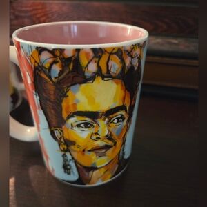 Large Artistic Frida Kahlo Mug With Colorful Design, Pink Interior